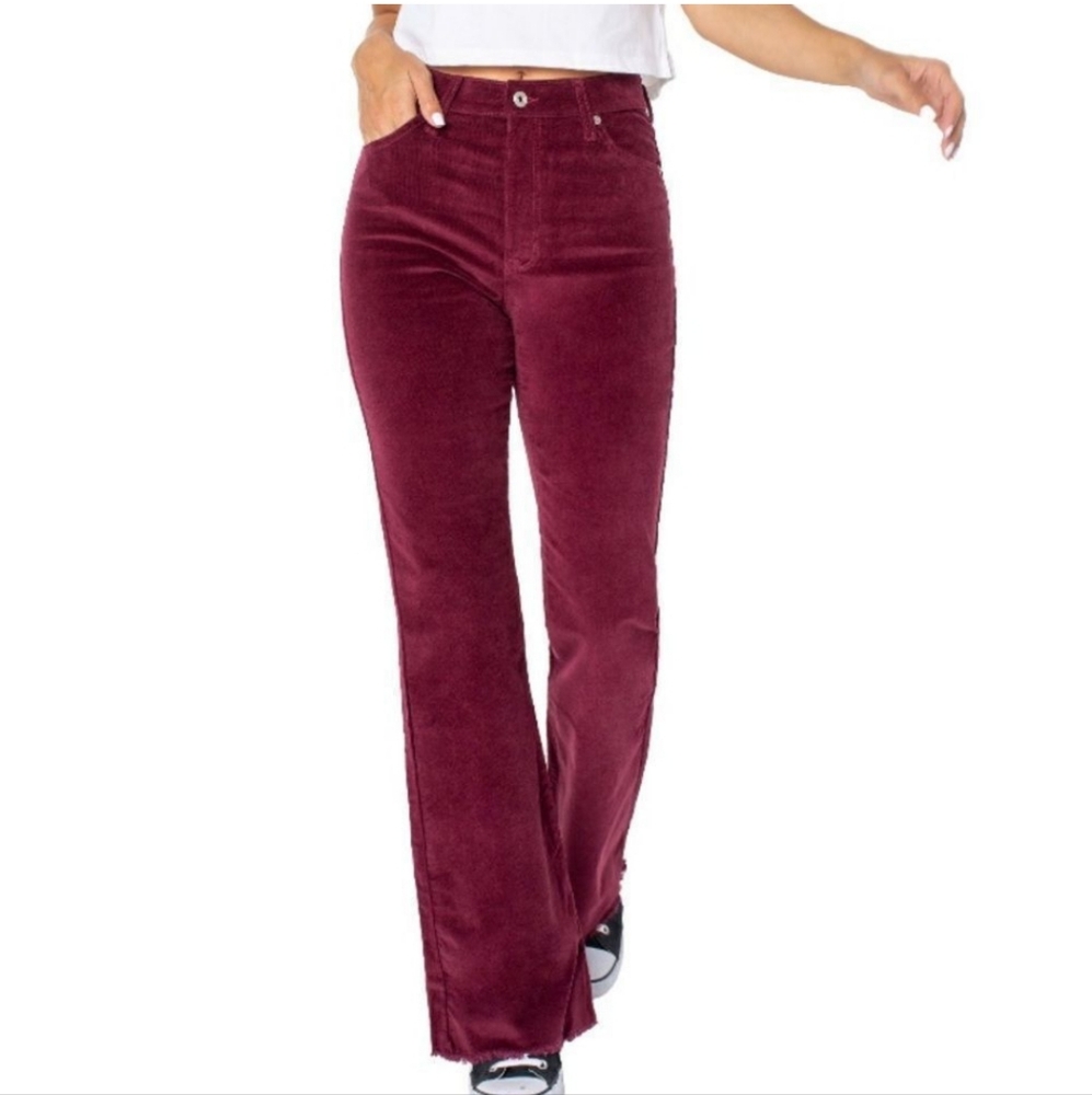 Celebrity Pink Deep Burgundy Corduroy Pants Sz1(25) Flare High-Rise Raw Hem